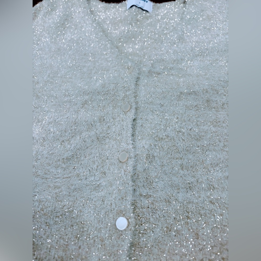 Sparkling off white color cardigan with silver & gold sparkling strands